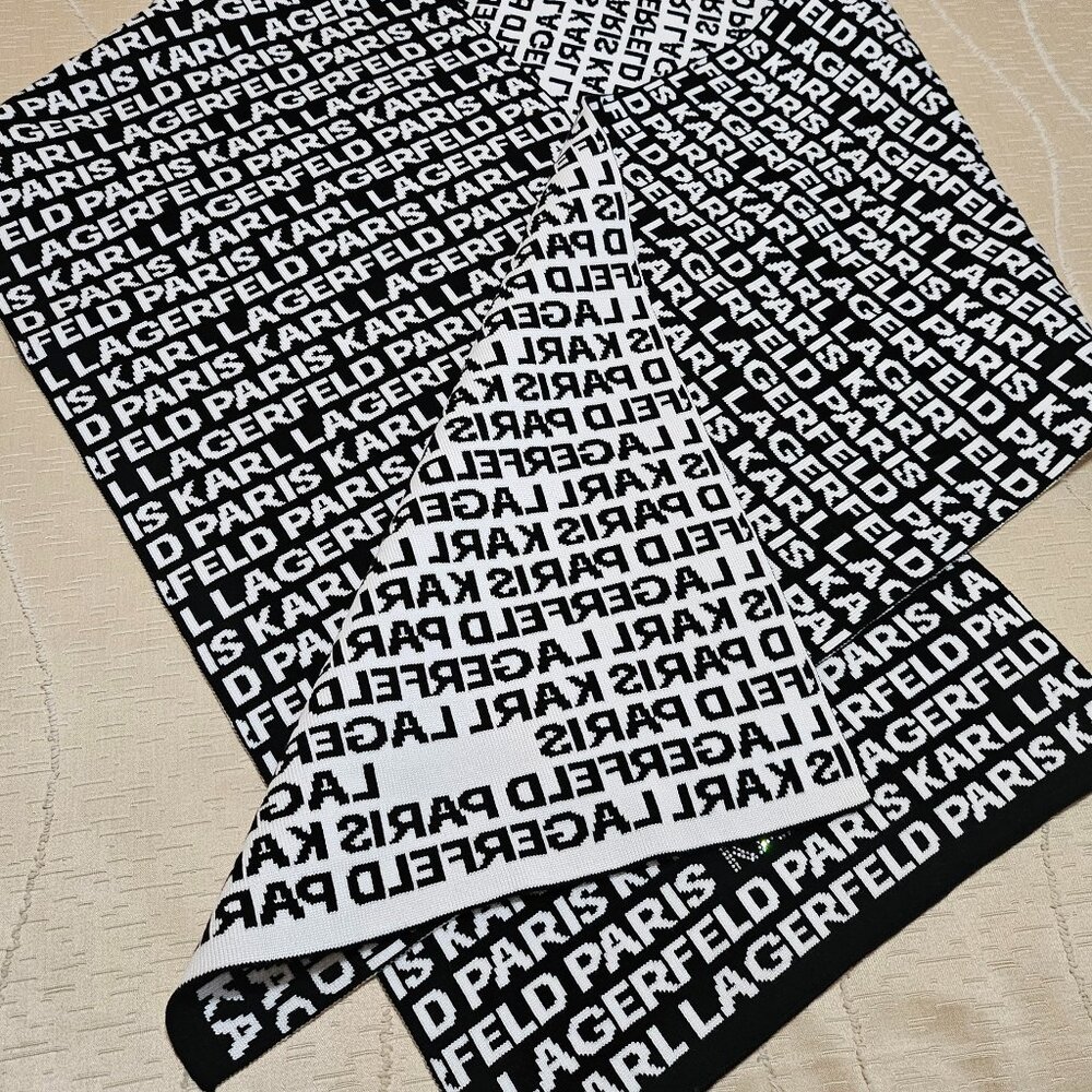 KARL LAGERFELD CHIC ICONIC MONOCHROME BLACK & WHITE  LOGO SCARF - Picture 3 of 15